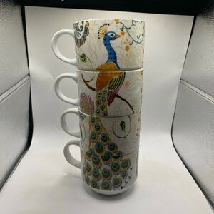 Pier 1 Imports Stackable Peacock Cups Tea Coffee Mugs Kitchen Dining Bundle.